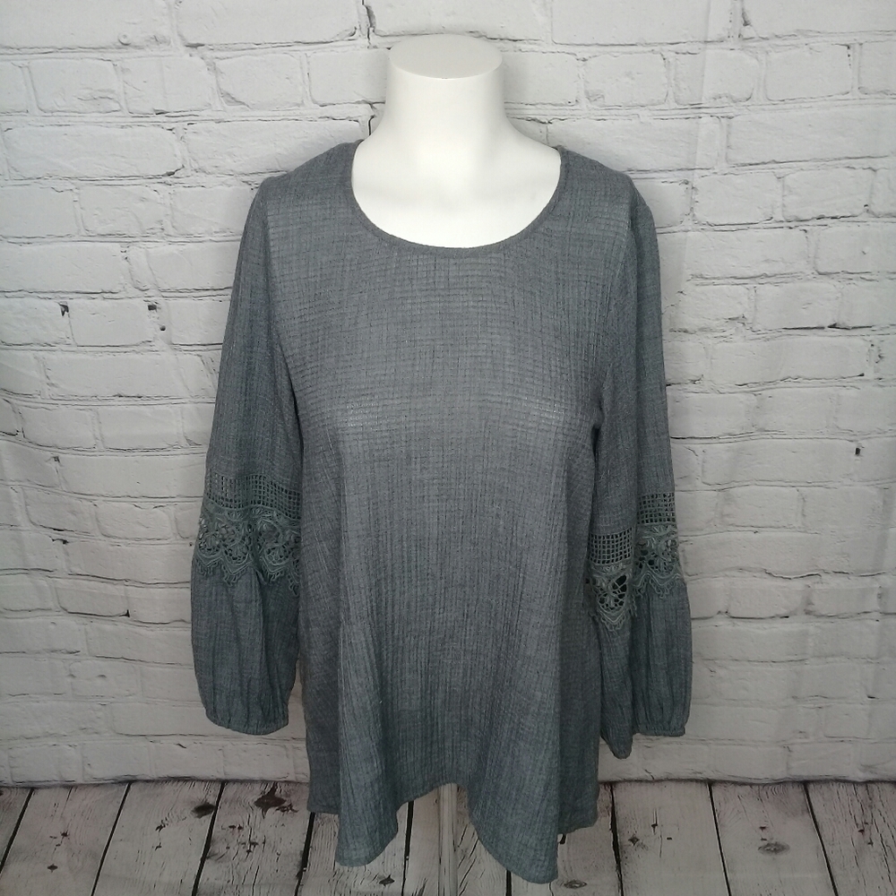 Hem & Thread Dark Grey Gauze Blouse Long Balloon Sleeves Lace Applique Sz S